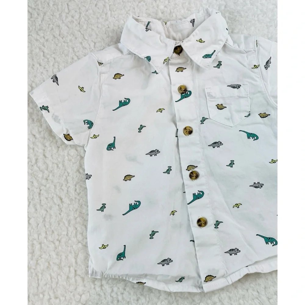 CARTER’S • White/Multi Dinosaur Print Button-Down Short Sleeve Shirt, 3M